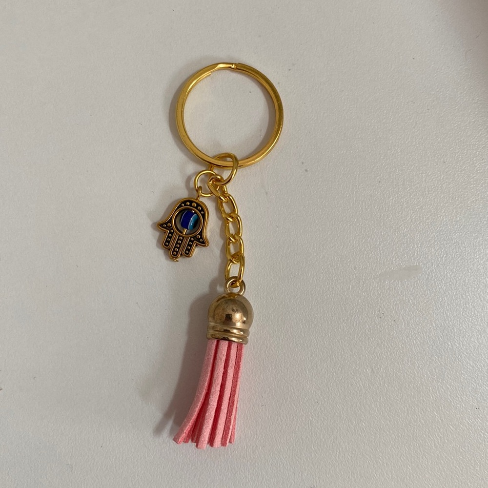 Gold and pink evil eye keychain